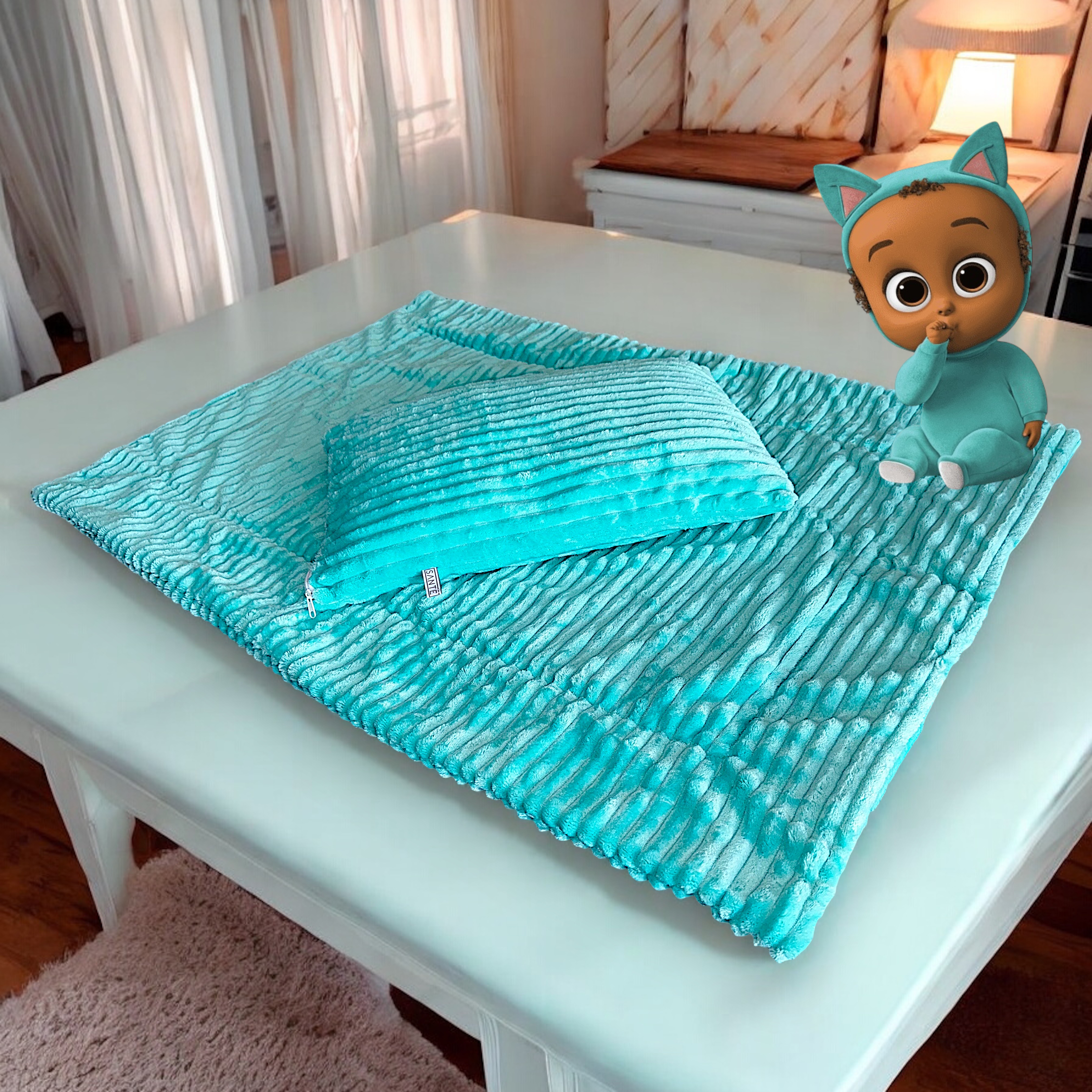 Plišani dečiji komplet jastuk i prekrivač – tirkizni